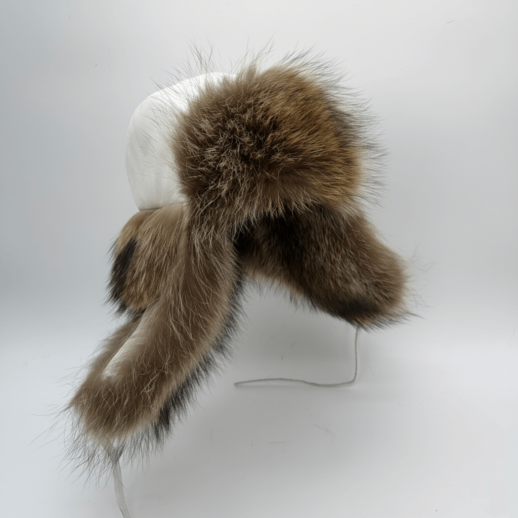 Raccoon Fur Trapper Hat, White Leather