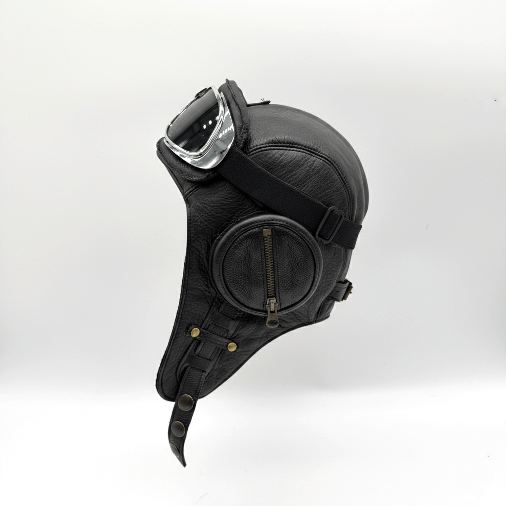 Casque aviateur en cuir noir - Modèle William sans visière