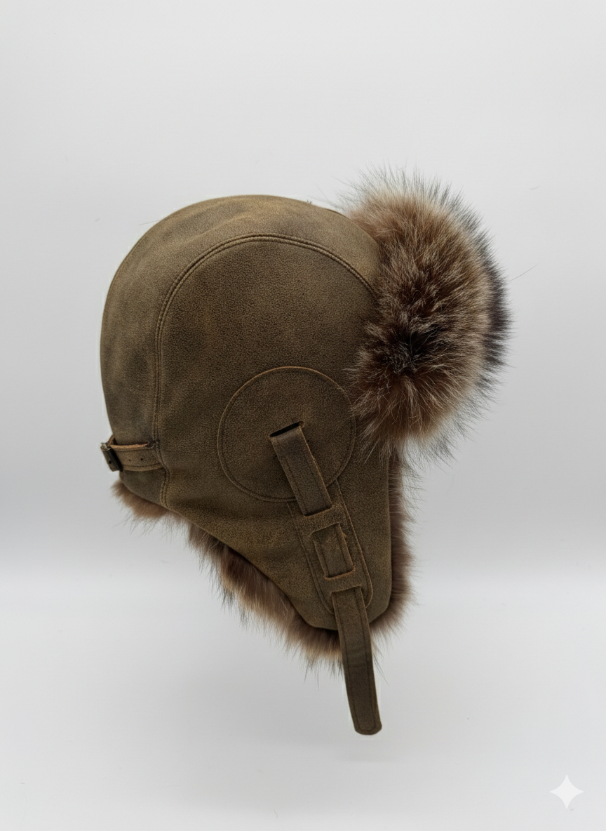 Chapeau aviateur en fourrure de raton laveur, cuir marron antique - Modèle Simon