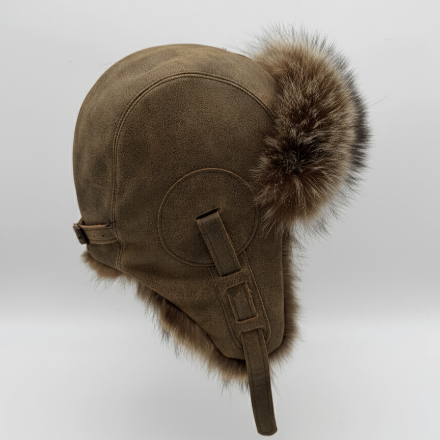 Raccoon Fur Aviator Hat, Antique Brown Leather - Simon Model