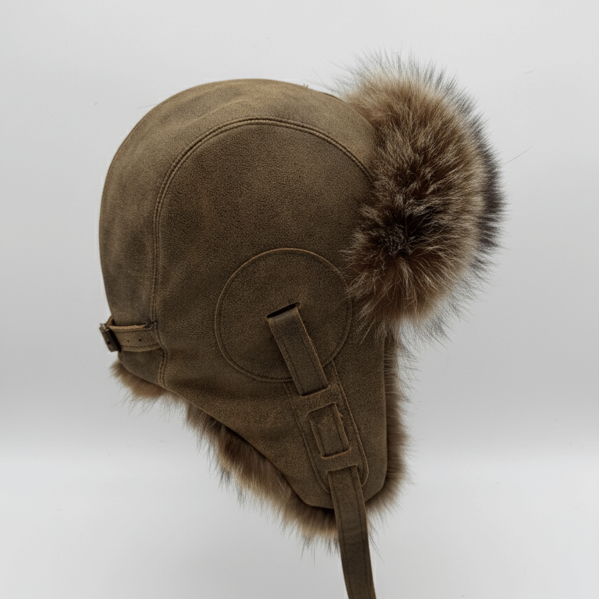 Chapeau aviateur en fourrure de raton laveur, cuir marron antique - Modèle Simon