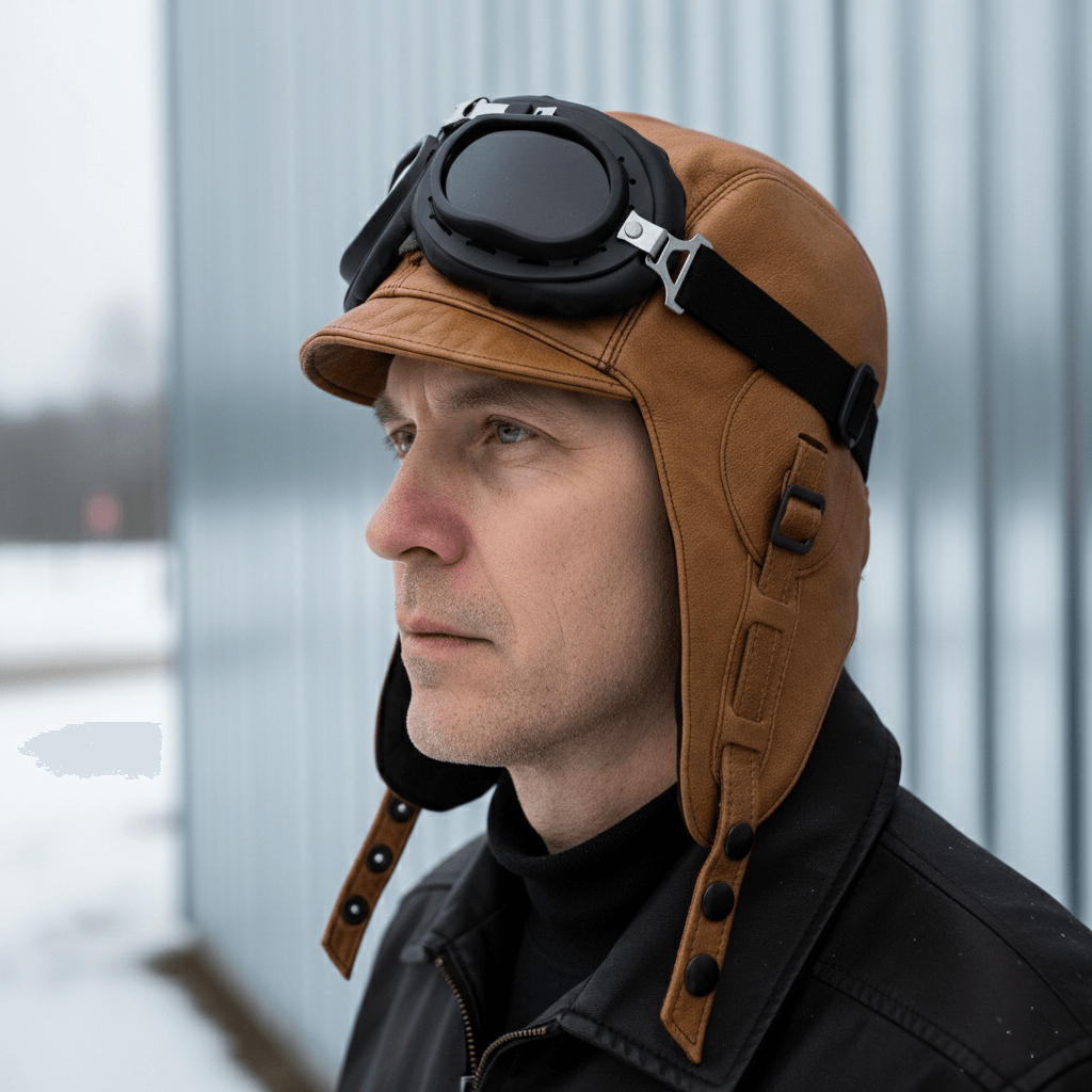 Chapeau aviateur en cuir beige - Modèle Simon