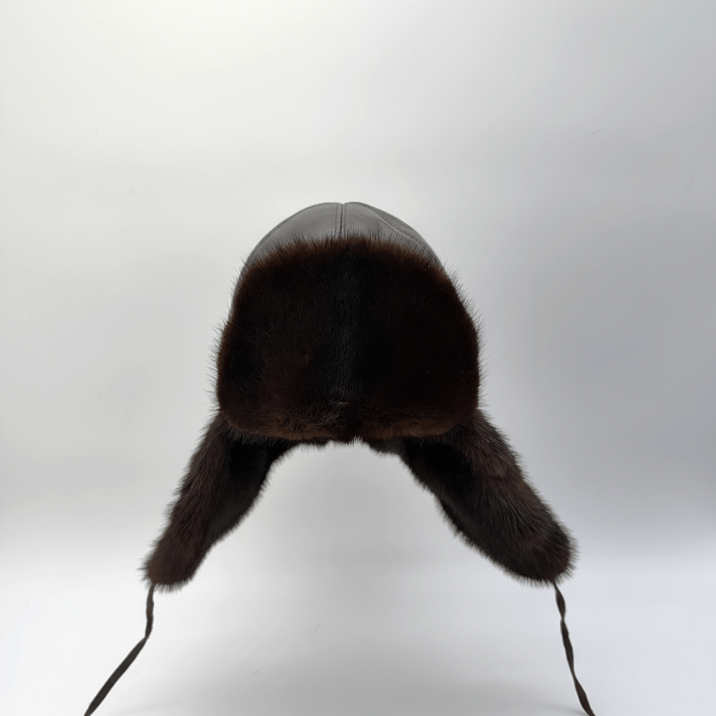 Back view of Recycled Brown Mink Fur Aviator Hat, Brown Leather Charles Model with adjustable fit