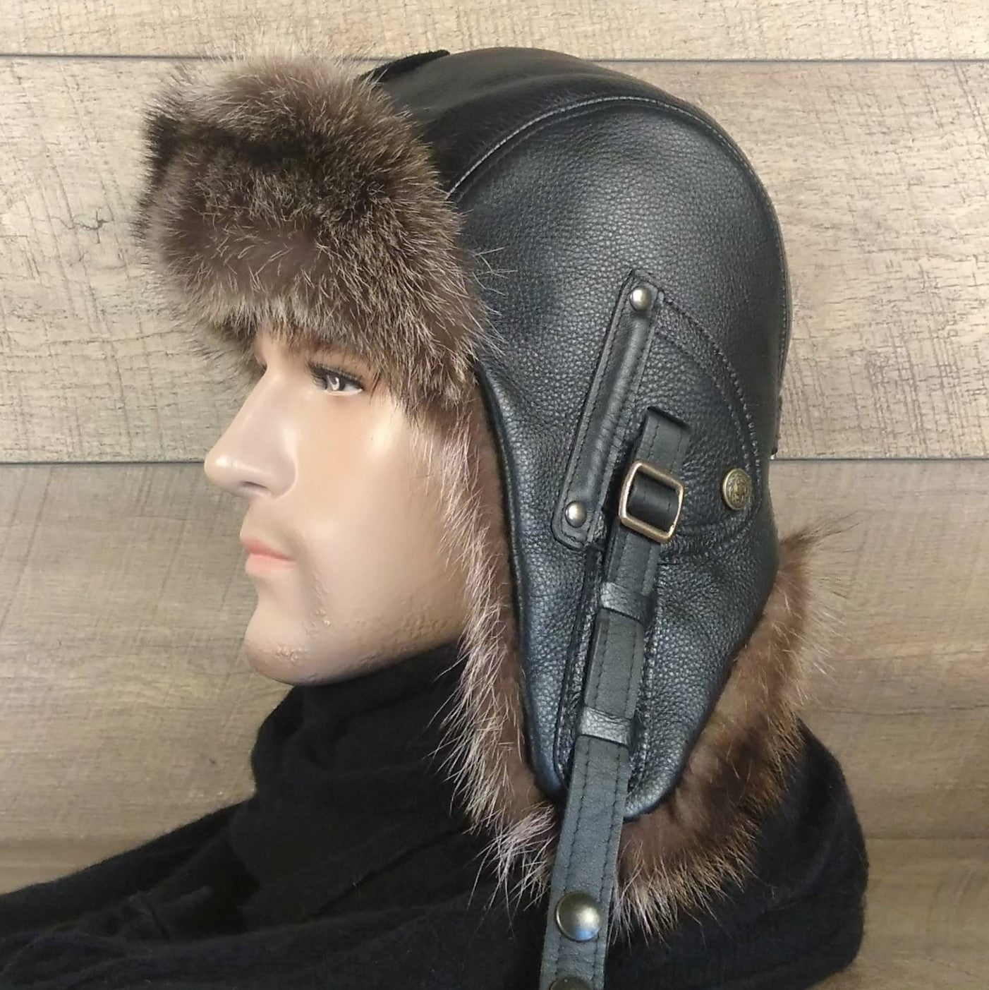 Raccoon Fur Aviator Hat, Black Leather - Antoine Model