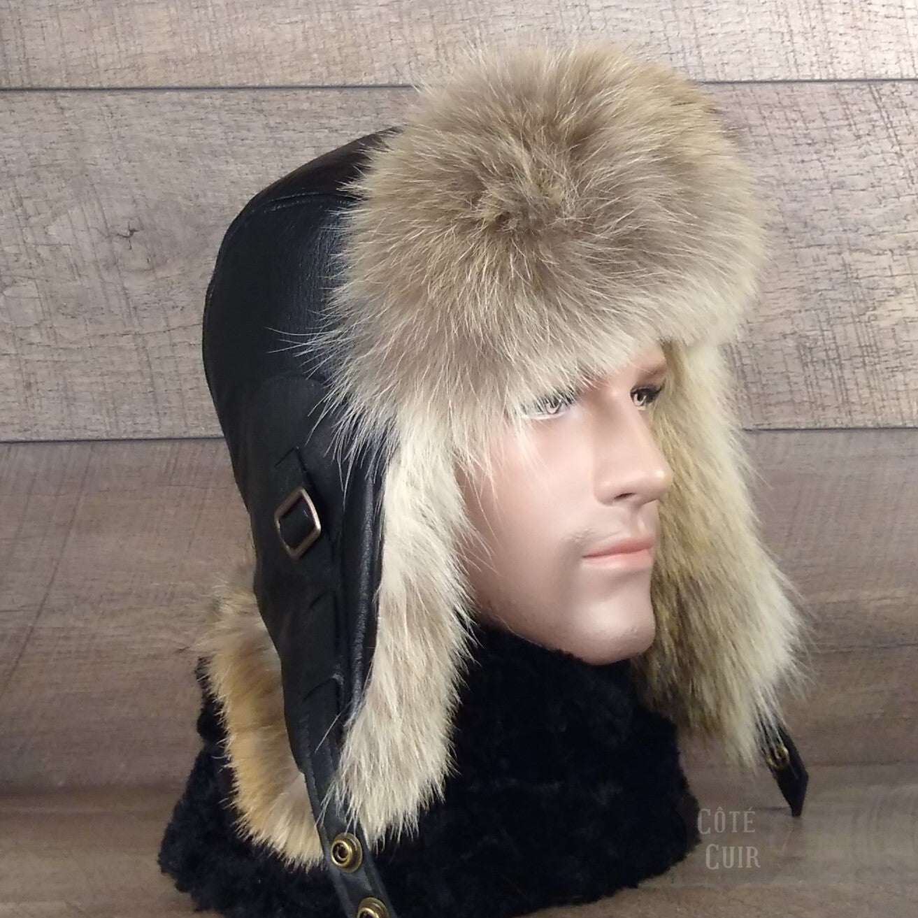 Coyote Fur Aviator Hat, Black Leather - Simon Model