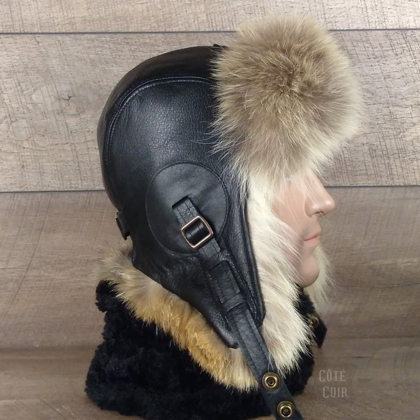 Coyote Fur Aviator Hat, Black Leather - Simon Model