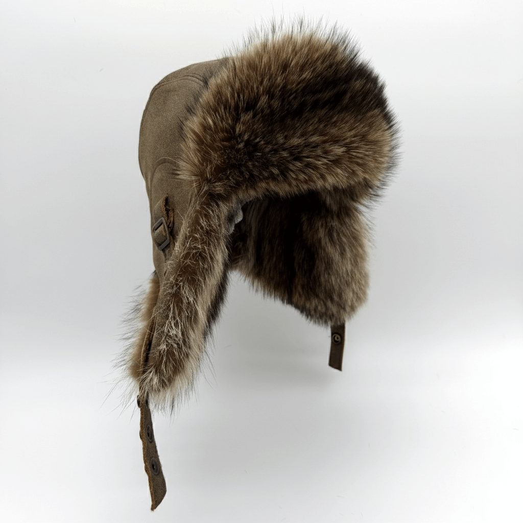 Raccoon Fur Aviator Hat, Antique Brown Leather - Simon Model