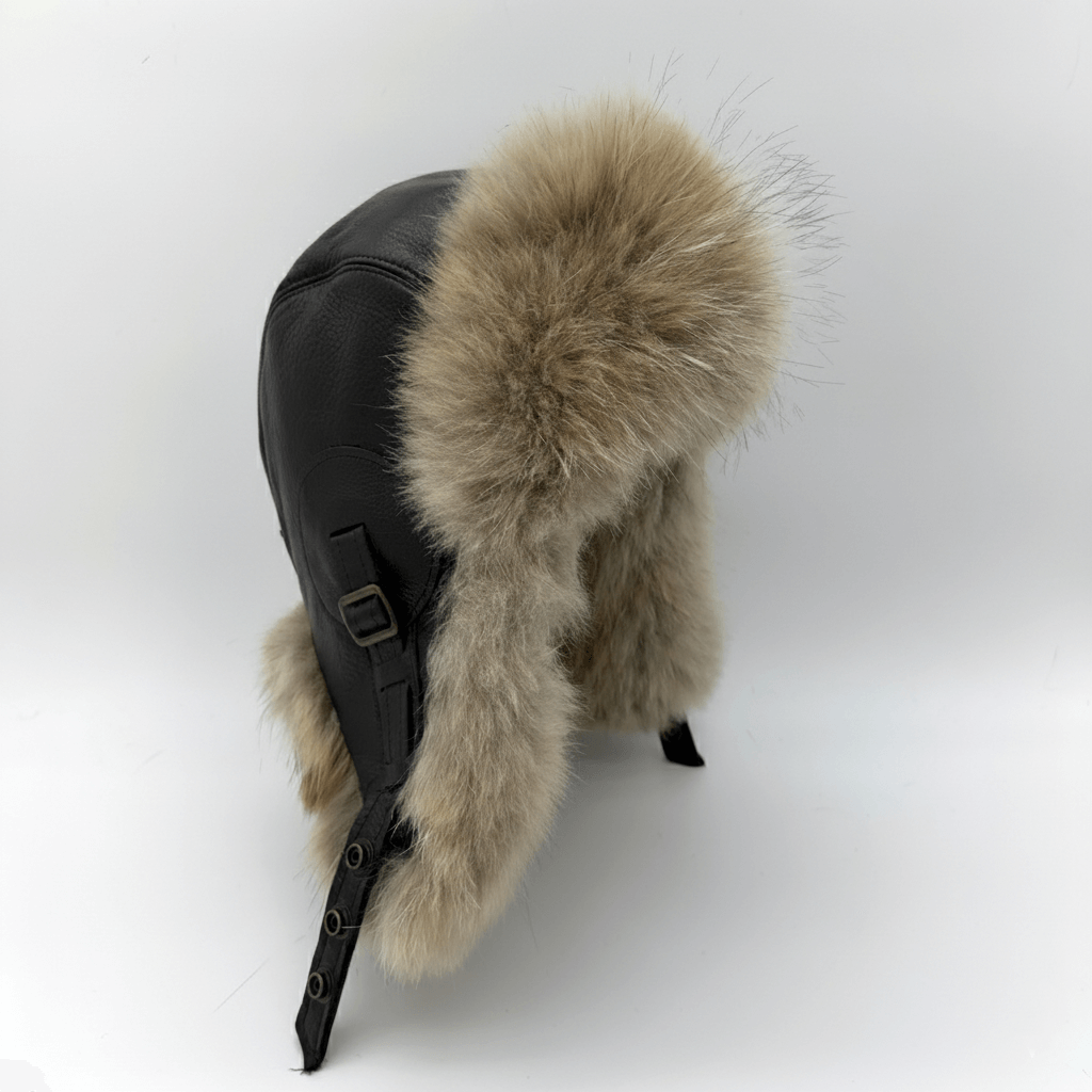 Chapeau aviateur en fourrure de loup, cuir marron antique - Modèle Simon