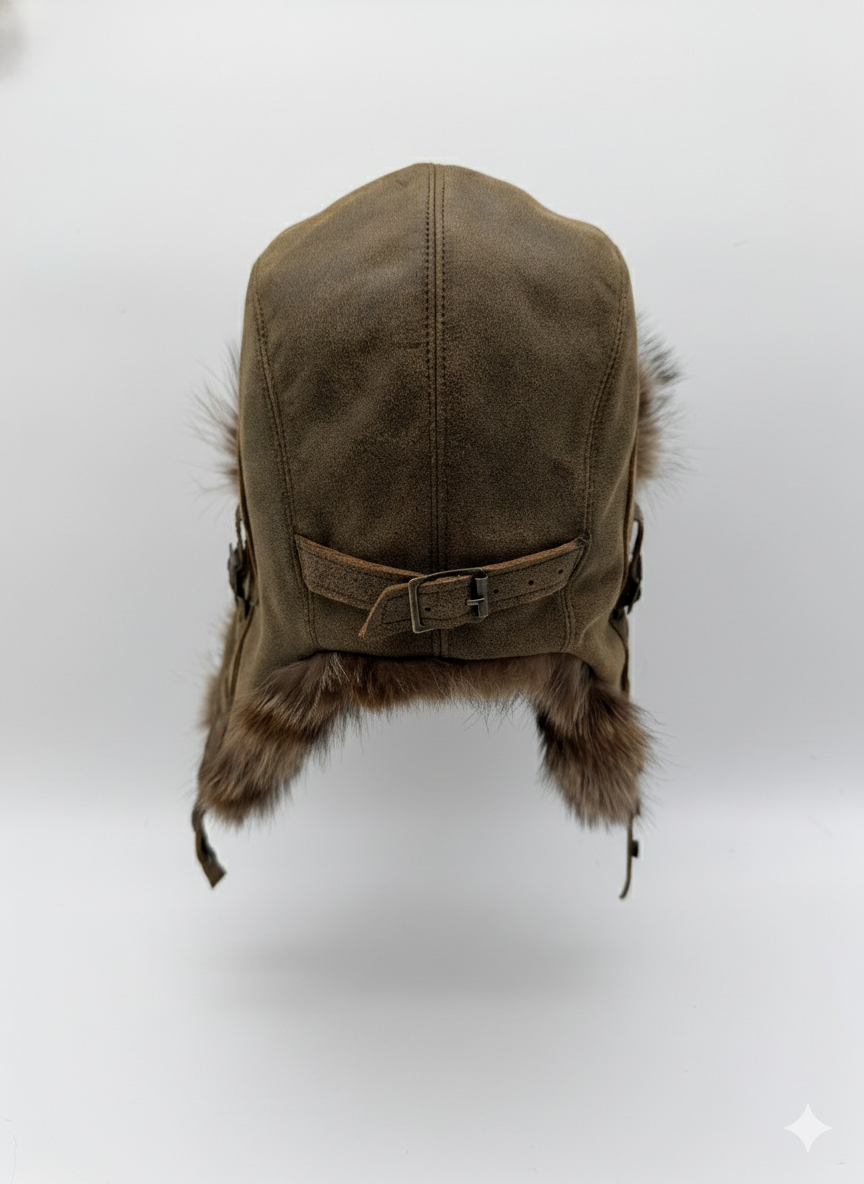 Chapeau aviateur en fourrure de raton laveur, cuir marron antique - Modèle Simon