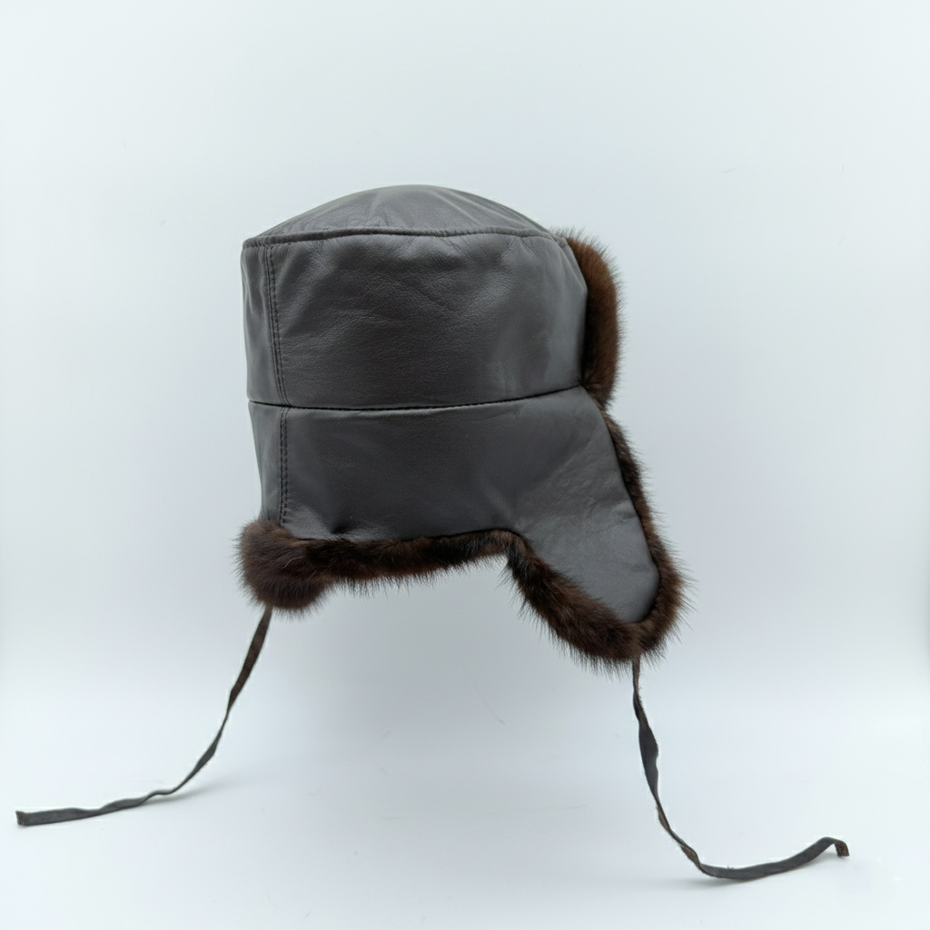 Brown Mink Fur Russian Ushanka Hat for Men, Brown Leather