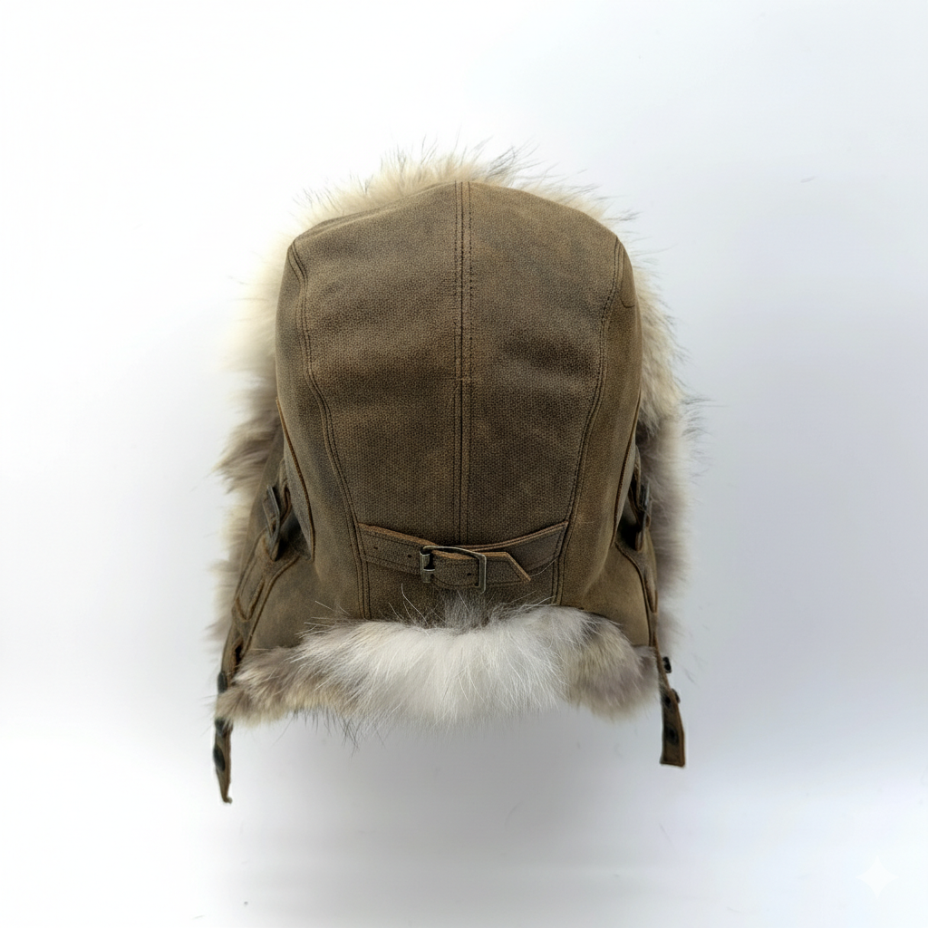 Wolf Fur Aviator Hat, Antique Brown Leather - Simon Model