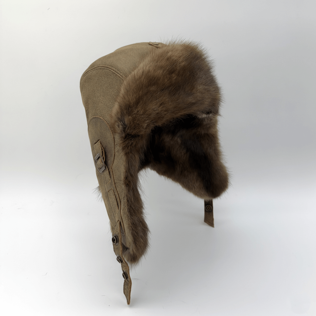 Muskrat Fur Aviator Hat, Antique Brown Leather - Simon Model