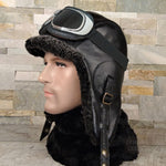 Gray Sheepskin Aviator Hat, Black Leather - Simon Model