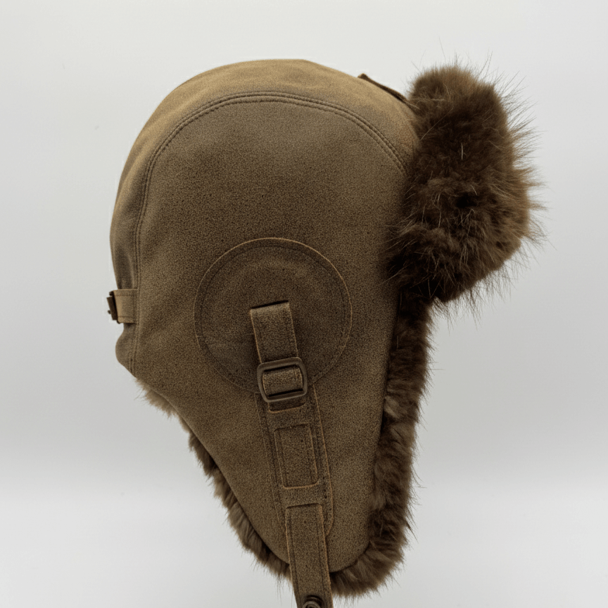 Front view of Recycled Beaver Fur Aviator Hat, Antique Brown Leather Simon Model, handmade in Quebec