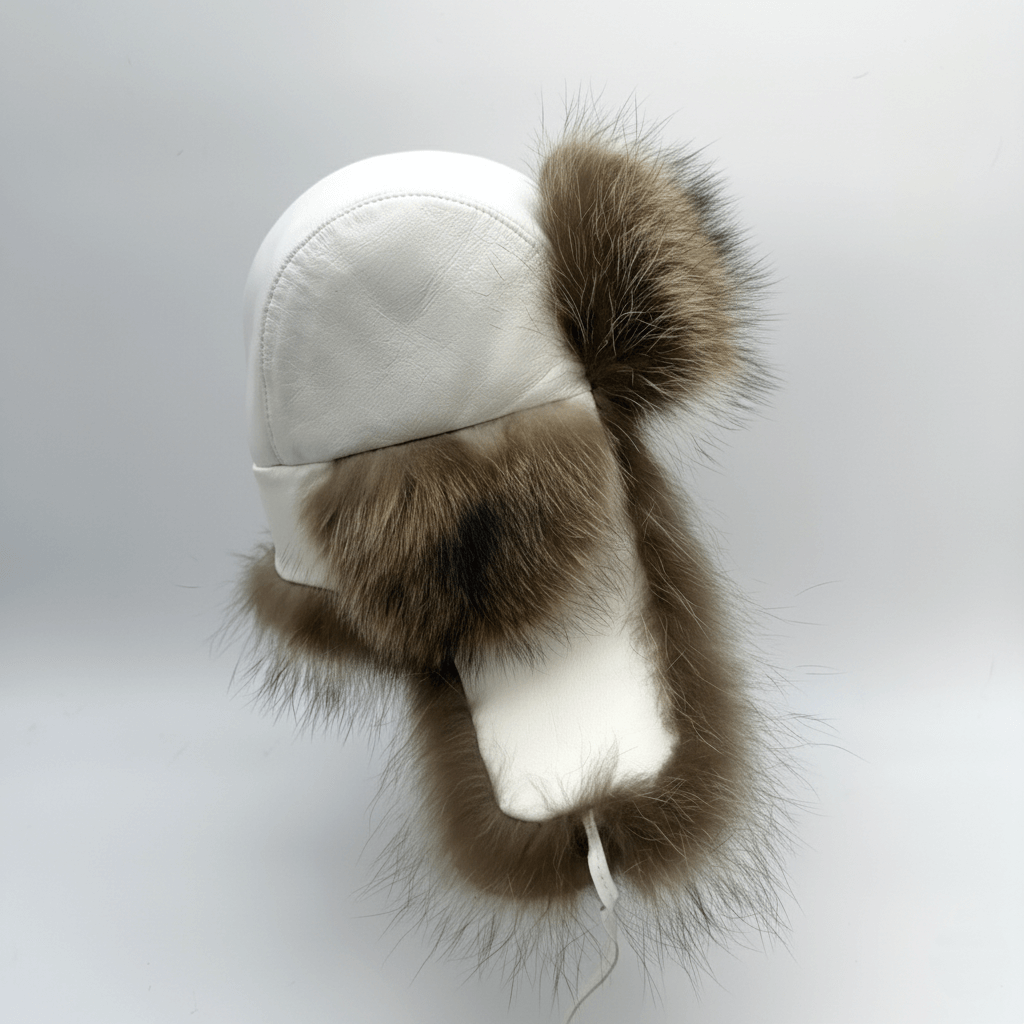 Raccoon Fur Trapper Hat, White Leather