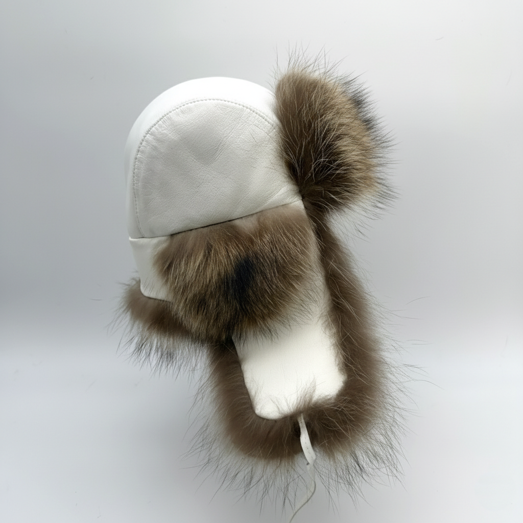 Raccoon Fur Trapper Hat, White Leather