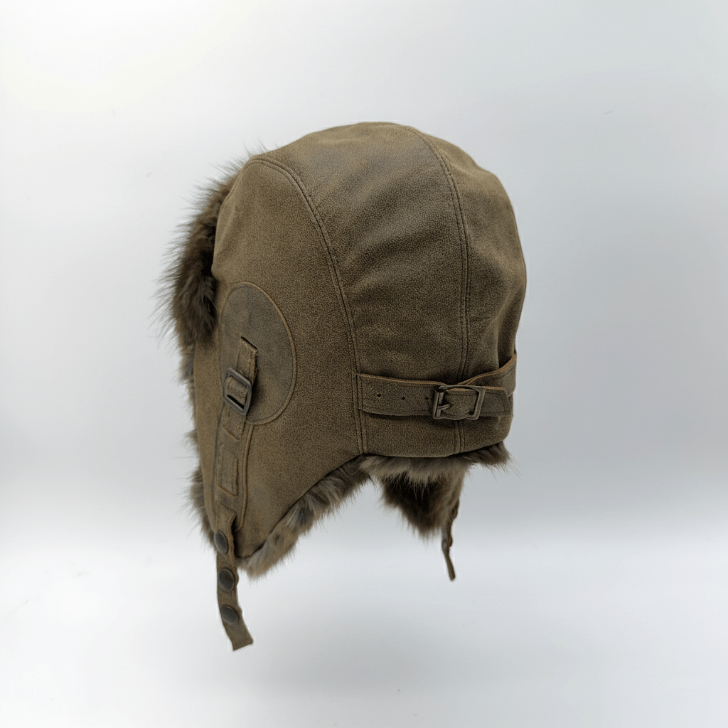 Muskrat Fur Aviator Hat, Antique Brown Leather - Simon Model