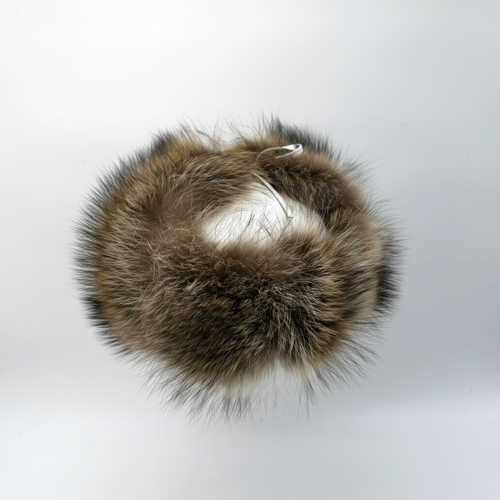 Raccoon Fur Trapper Hat, White Leather