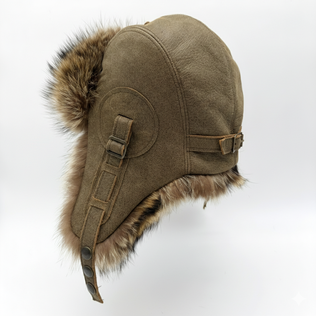 Chapeau aviateur en fourrure de raton laveur, cuir marron antique - Modèle Simon