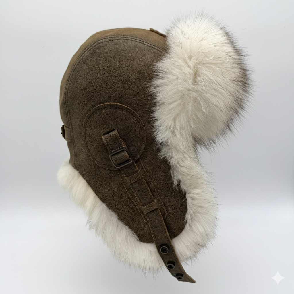 Chapeau aviateur en fourrure de renard norvégien, cuir noir - Modèle Simon