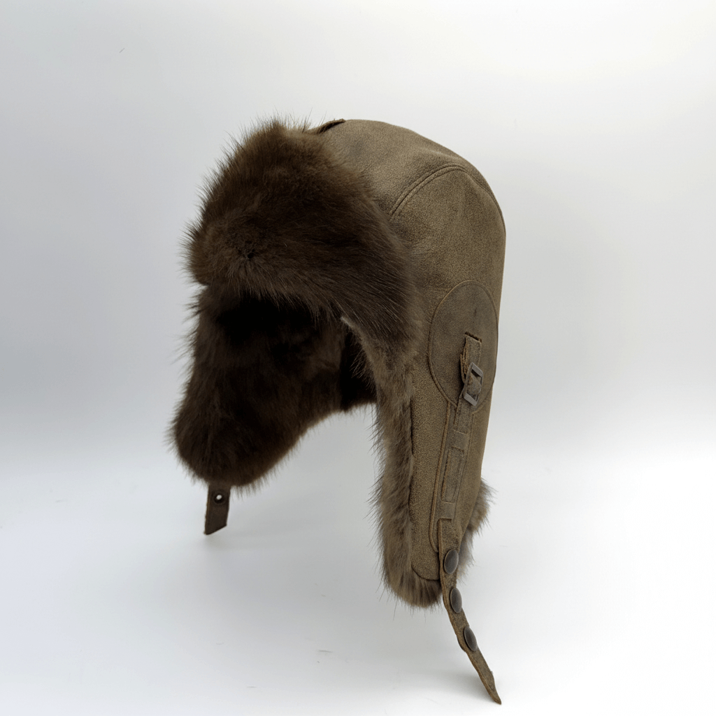 Muskrat Fur Aviator Hat, Antique Brown Leather - Simon Model
