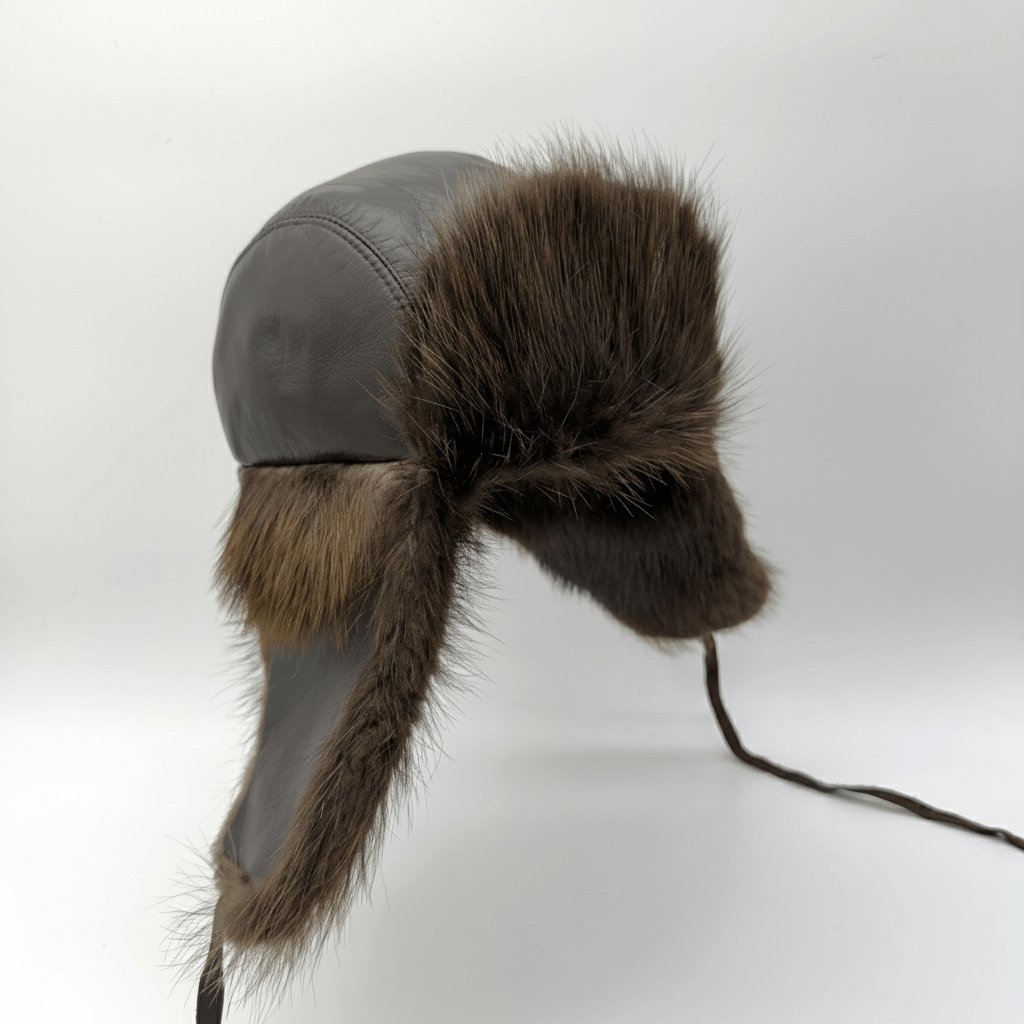 Beaver Fur Trapper Hat, Brown Leather