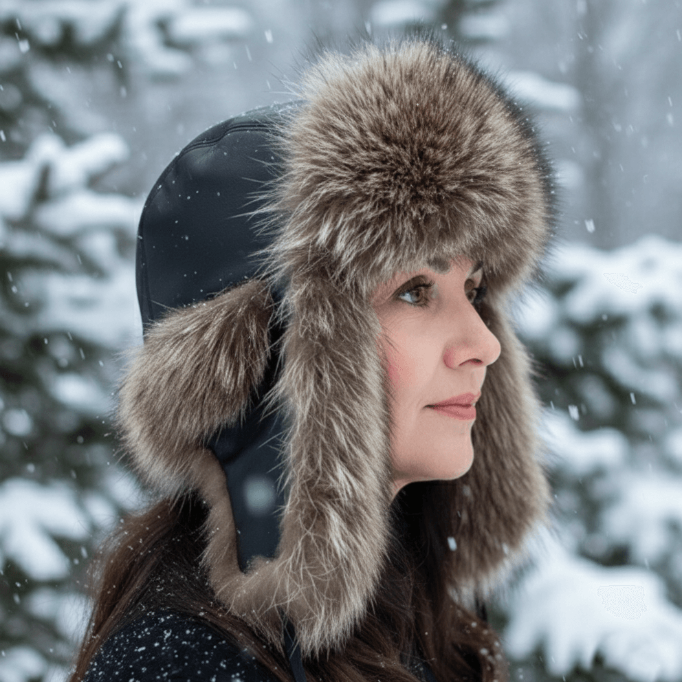 Chapeau de trappeur en fourrure de raton laveur, cuir blanc