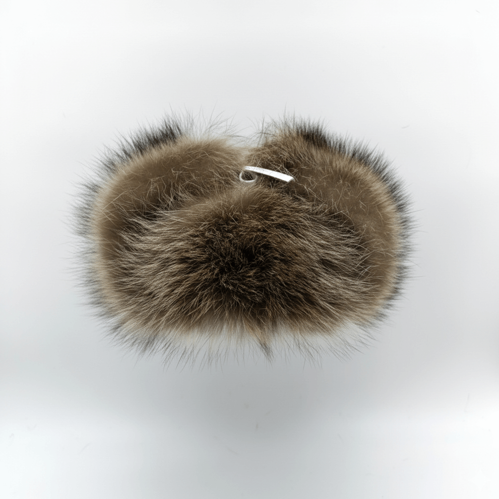 Raccoon Fur Trapper Hat, White Leather