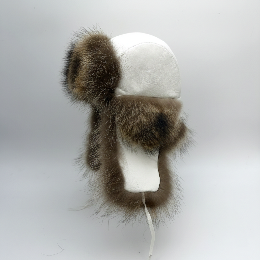 Raccoon Fur Trapper Hat, White Leather