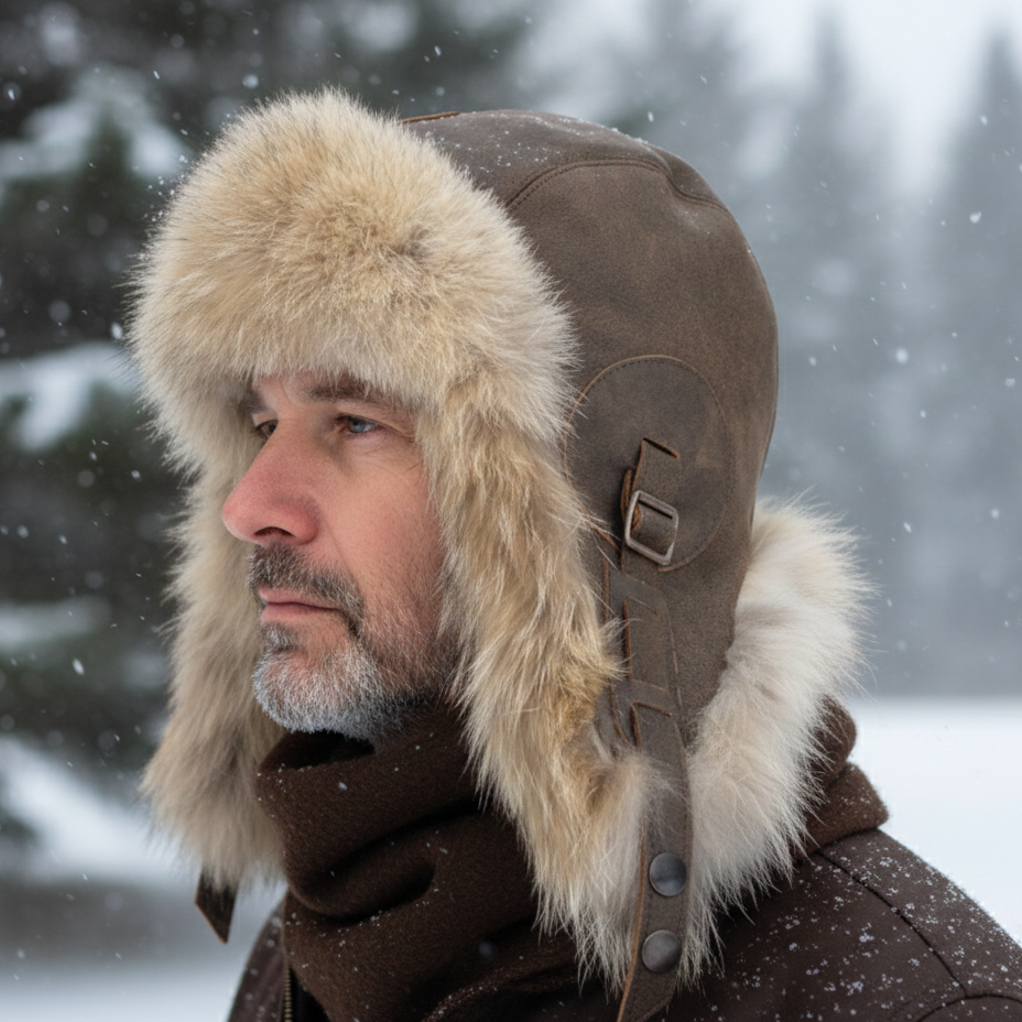 Wolf Fur Aviator Hat, Antique Brown Leather - Simon Model