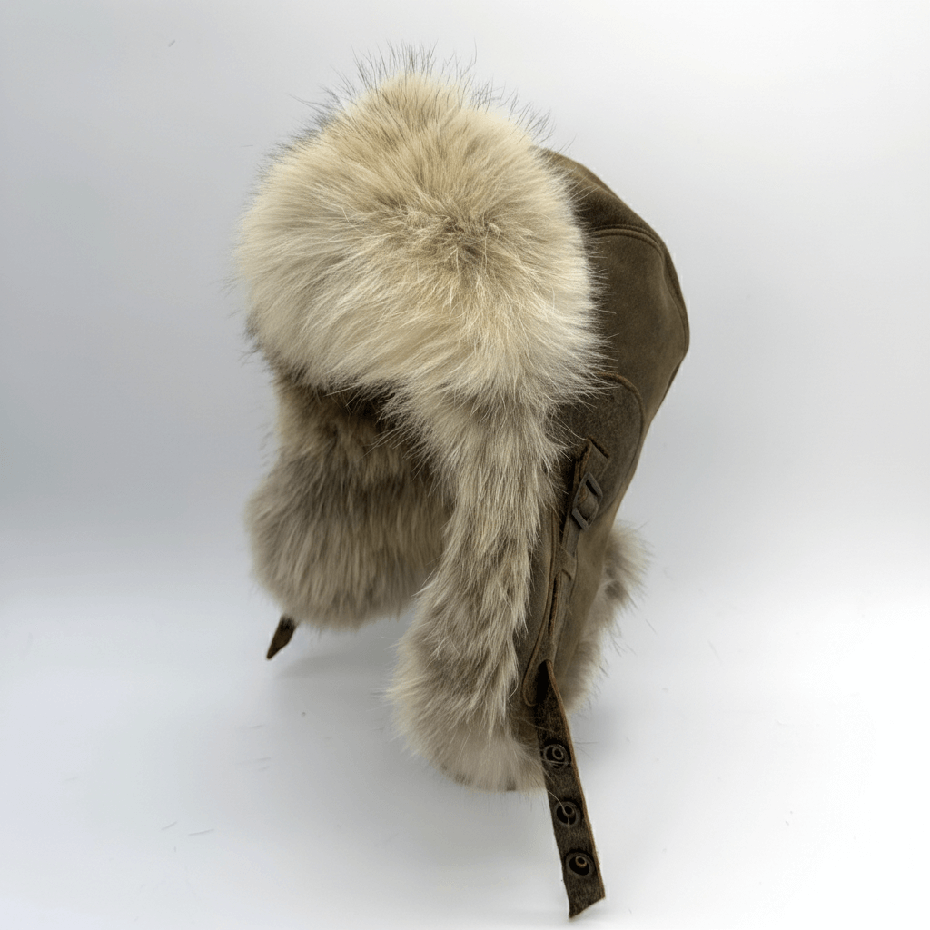 Wolf Fur Aviator Hat, Antique Brown Leather - Simon Model