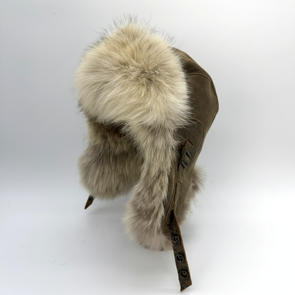 Wolf Fur Aviator Hat, Antique Brown Leather - Simon Model