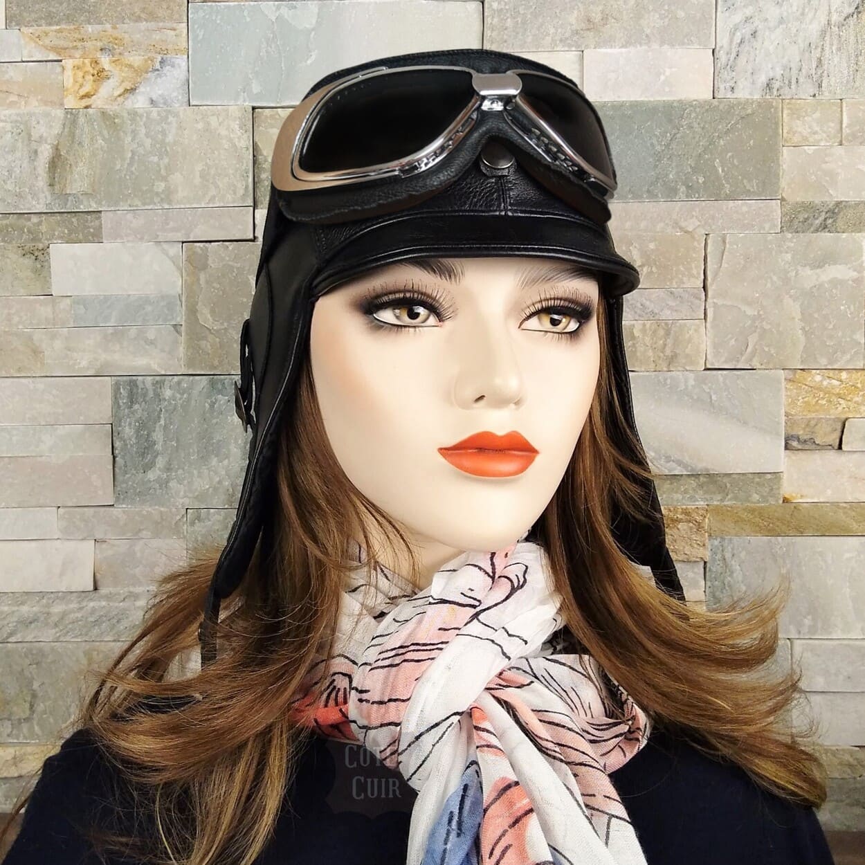 Black Leather Aviator Hat - Simon Model