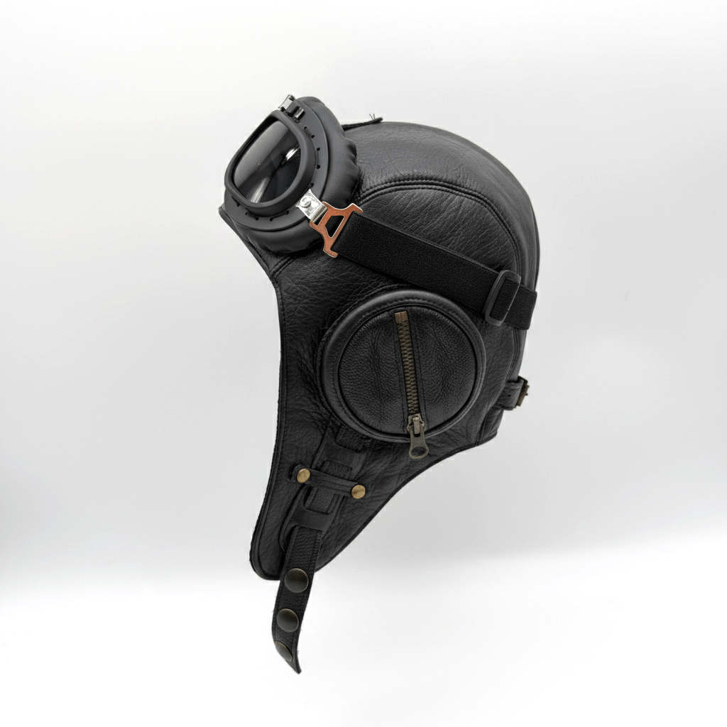 Casque aviateur en cuir noir - Modèle William sans visière
