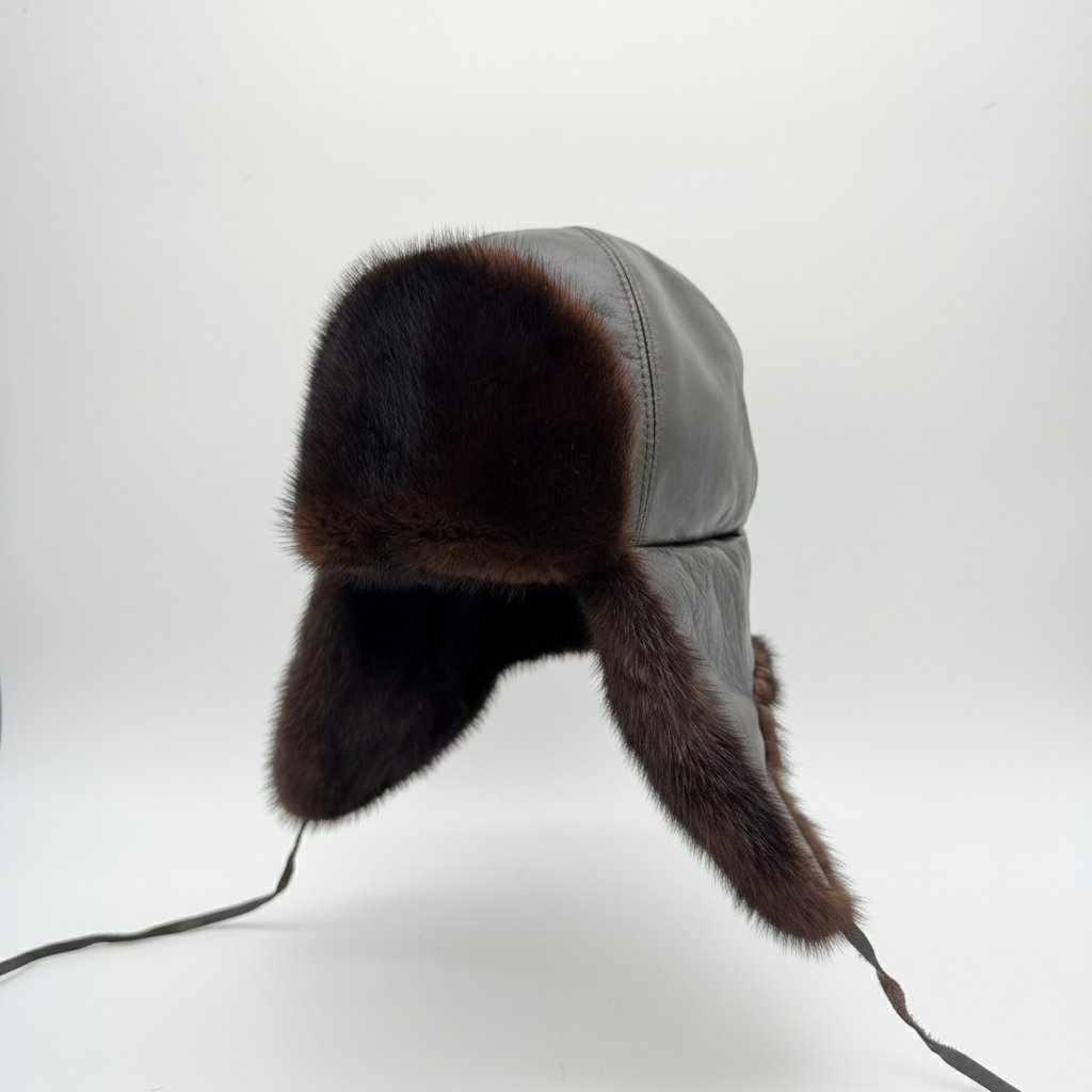 Front view of Recycled Brown Mink Fur Aviator Hat, Brown Leather Charles Model, handmade in Quebec