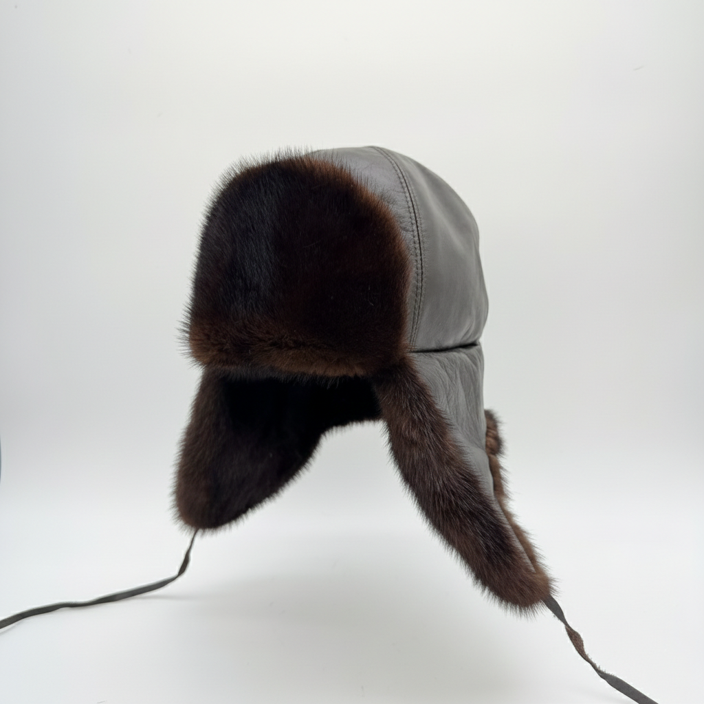 Brown Mink Fur Aviator Hat, Brown Leather - Charles Model