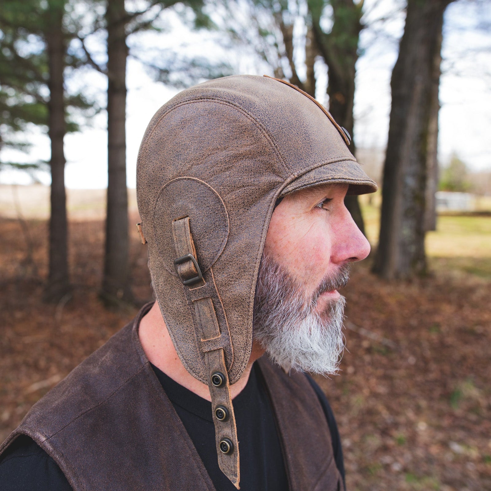 Chapeau aviateur en cuir marron antique - Modèle Simon