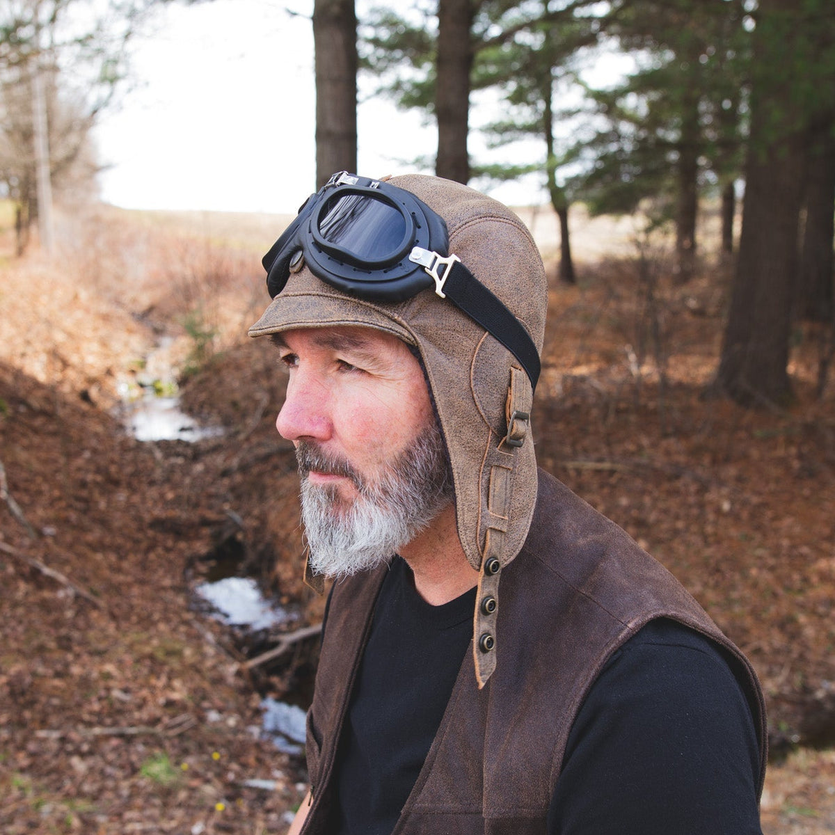 Antique Brown Leather Aviator Hat - Simon Model