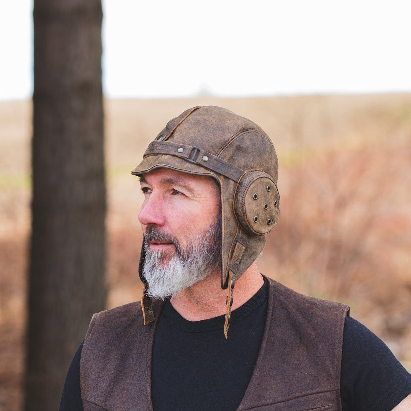 Casque aviateur en cuir brun antique – Modèle Henry