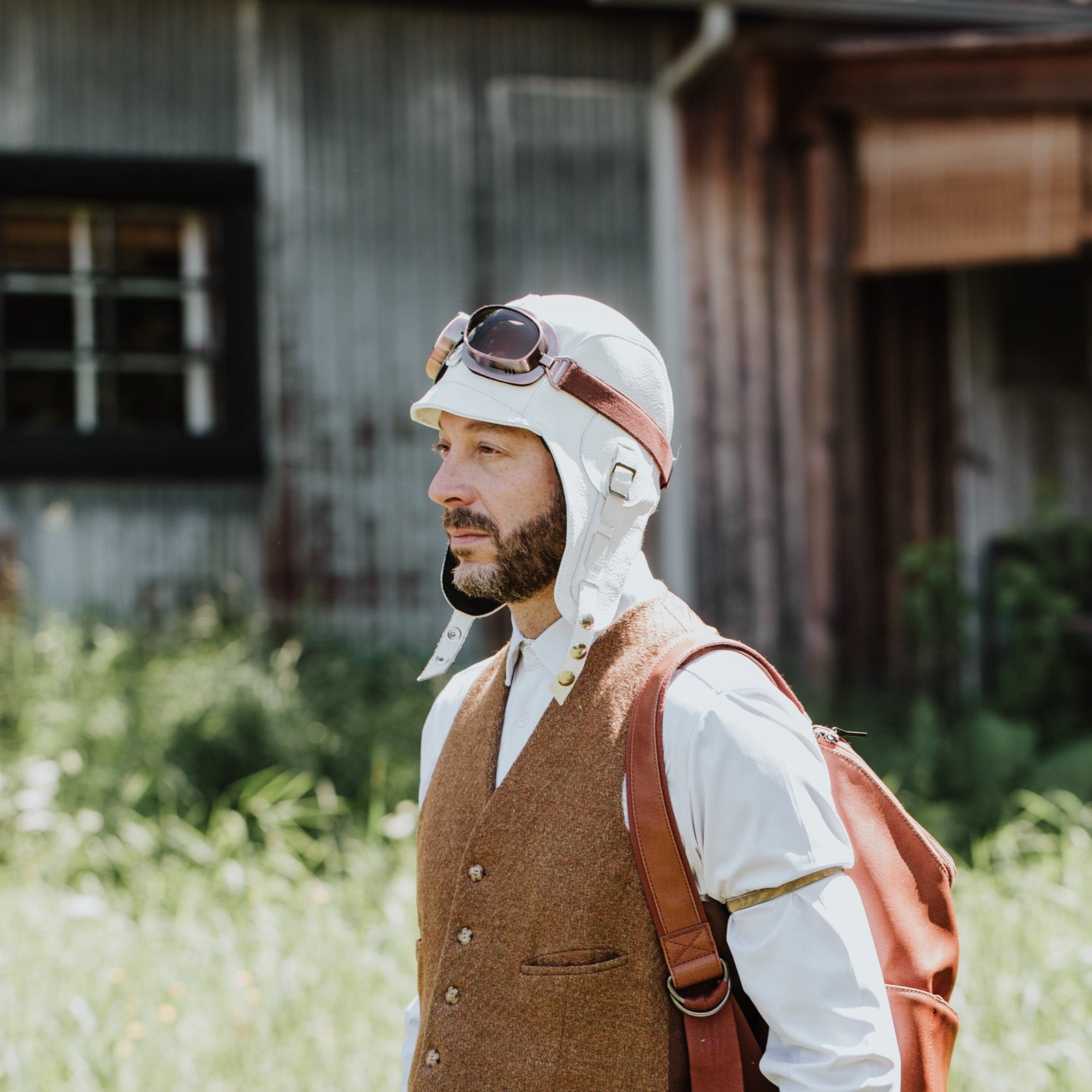 White Leather Aviator Hat - Simon Model