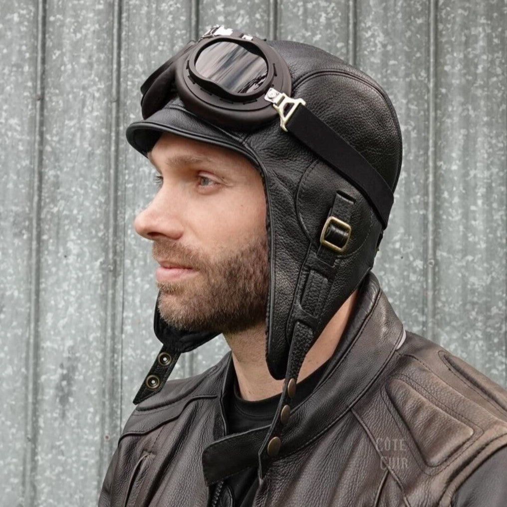 thumbnail image 2 of Men's Real Leather Aviator Cap With Collar & Face Cover – Tactical Pilot Hood 2 of 6