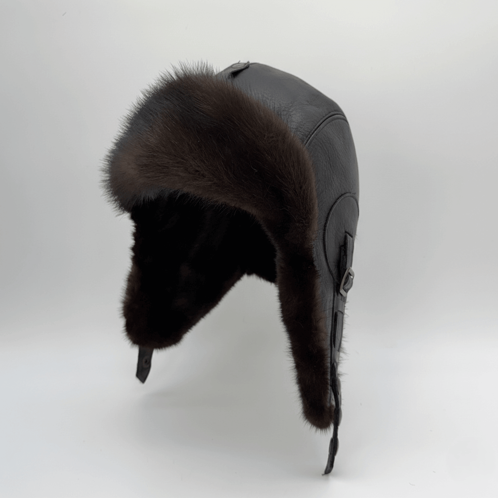 Black Mink Fur Aviator Hat, Black Leather - Simon Model