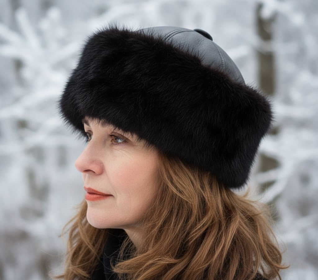 Black Leather and Recycled Mink Cloche Hat – Vintage 1920s Style