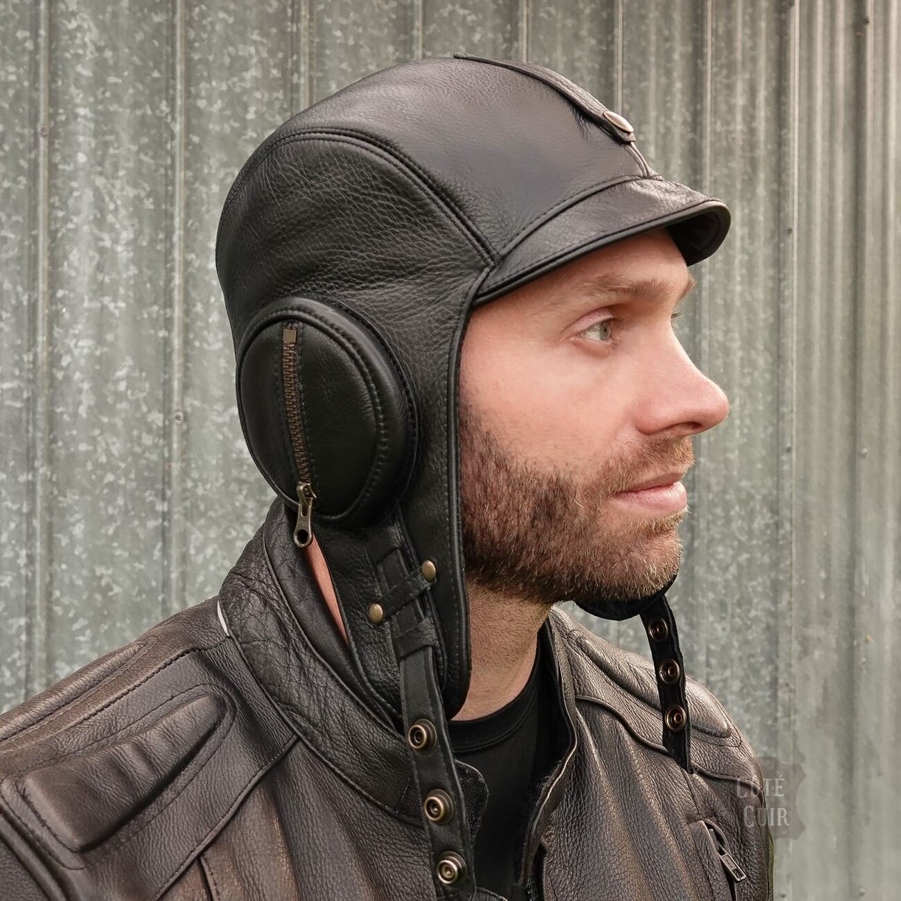Black Leather Aviator Helmet