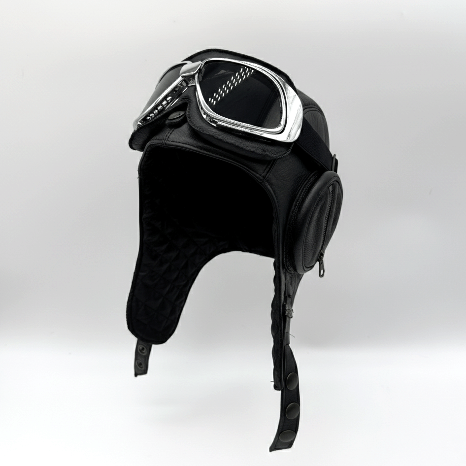 Black Leather Aviator Helmet - William Model without Visor