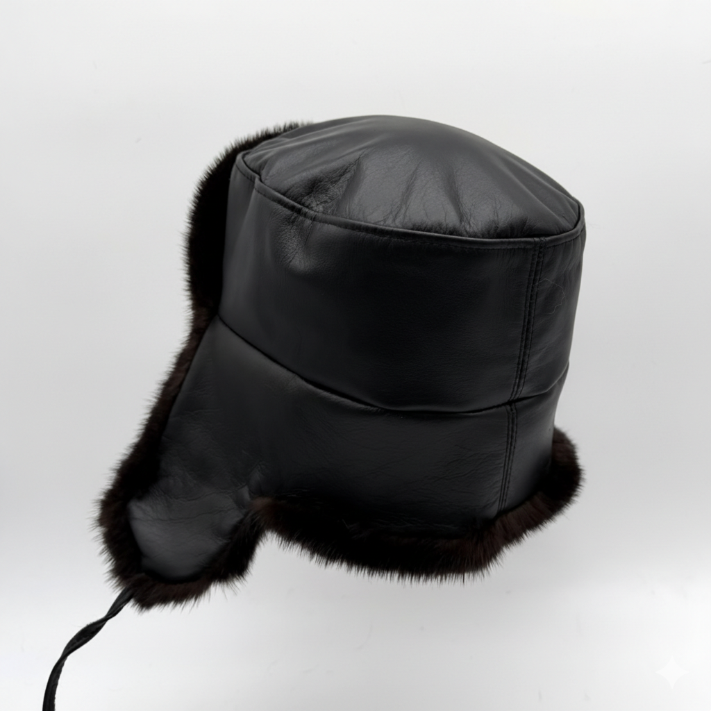 Black Mink Fur Russian Ushanka Hat for Men, Black Leather