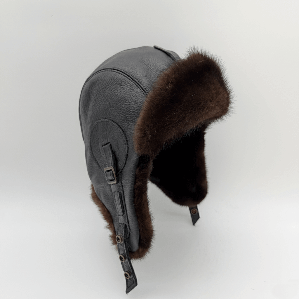 Black Mink Fur Aviator Hat, Black Leather - Simon Model