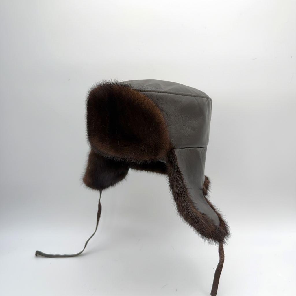 Brown Mink Fur Russian Ushanka Hat for Men, Brown Leather