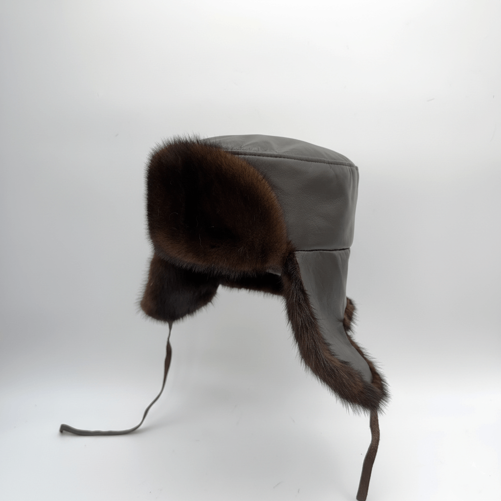 Brown Mink Fur Russian Ushanka Hat for Men, Brown Leather
