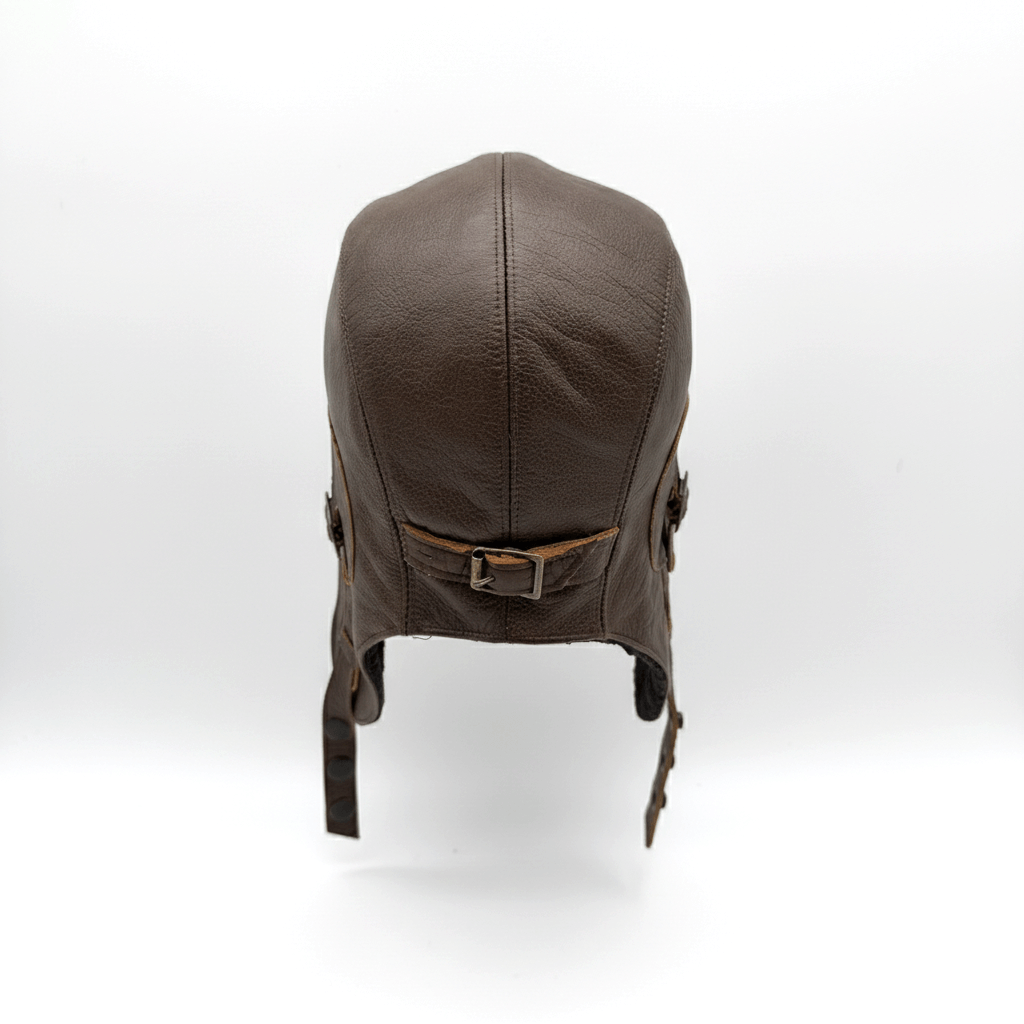 Back view of Chestnut Brown Leather Aviator Hat Simon Model with adjustable fit
